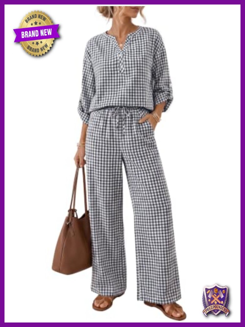 100% Cotton 2 Piece Outfit V-Neck Roll-Tab Sleeve Wide Leg Pant Set Casual
